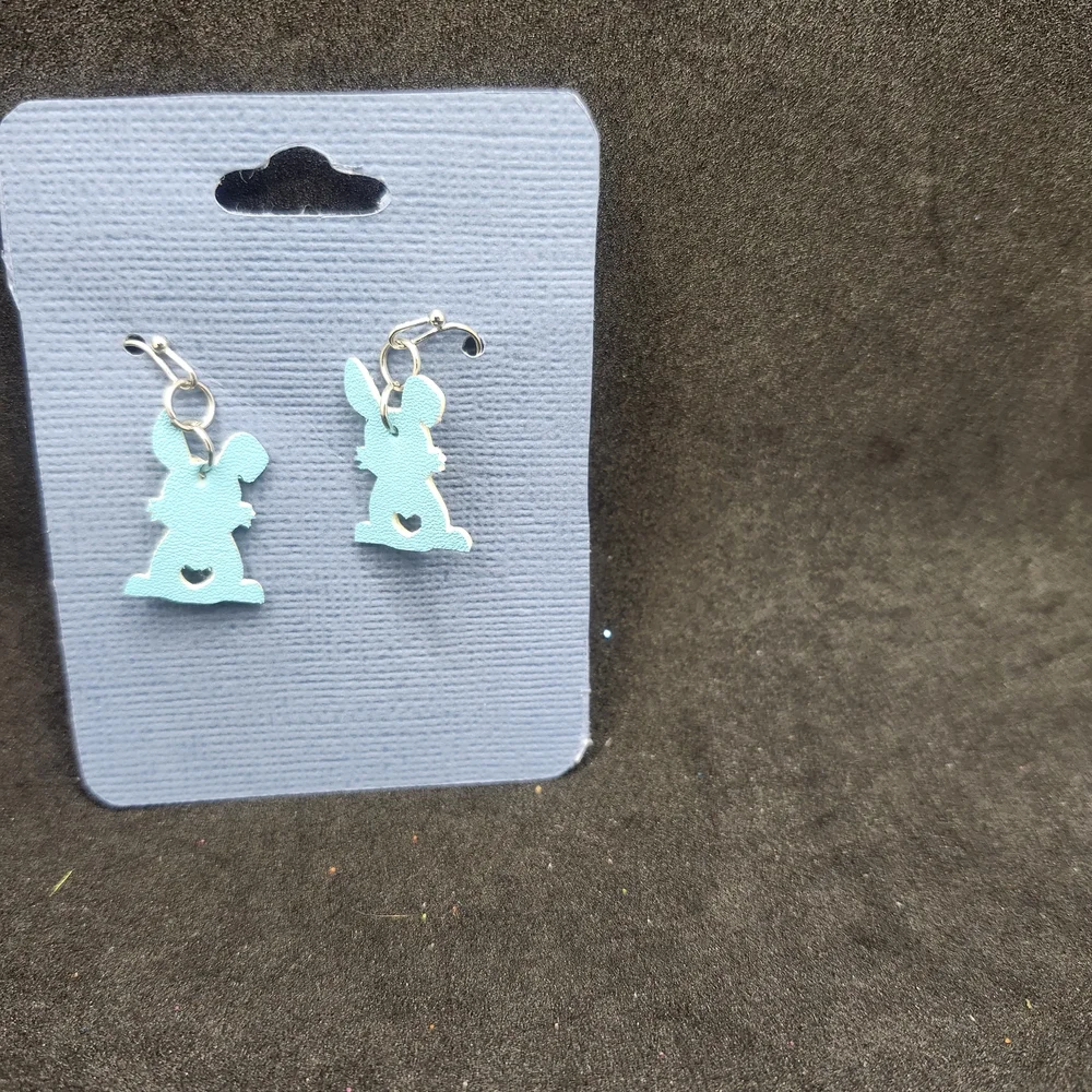 Pastel Blue Bunny Faux Leather Dangle Earrings, Lightweight Easter Earrings - Picture 2 of 2